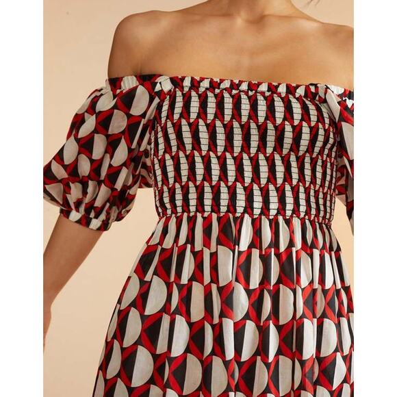 Cynthia Rowley Caprice Midi Dress Off The Shoulder Puff Sleeve Smocked Geometric - Picture 2 of 15